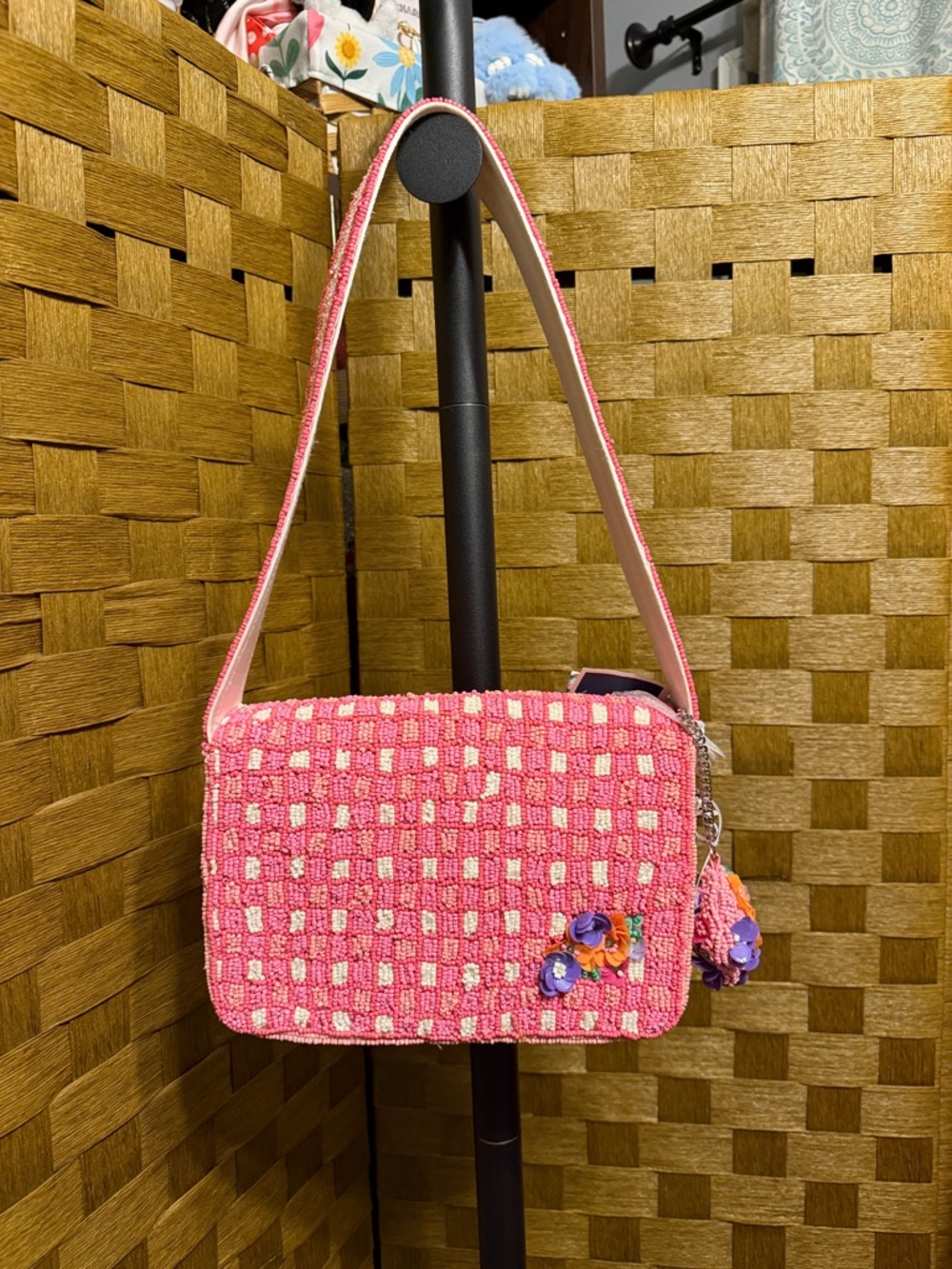 Marshalls Pink Woven Shoulder Bag with Purple & Orange Floral Appliqués - Picture 3 of 5